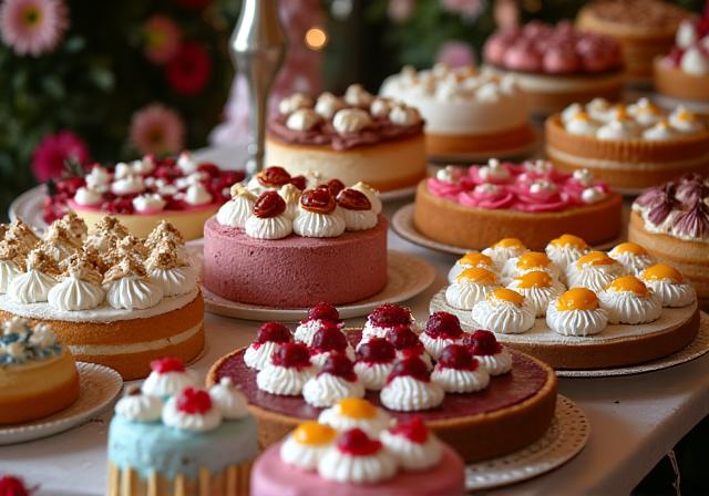 Tavola imbandita per una festa con diverse torte e pasticcini.