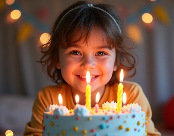 Bambino sorridente davanti a una torta di compleanno colorata.